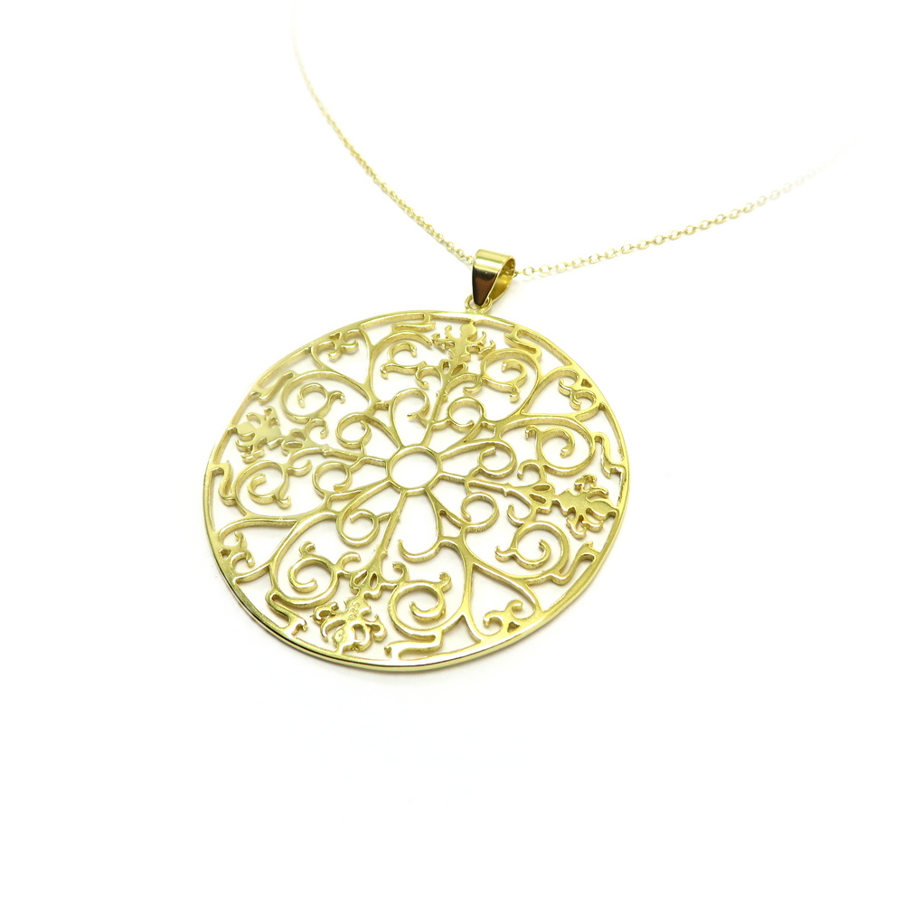 Gold Plated Round Filigreed Flower Silver Pendant