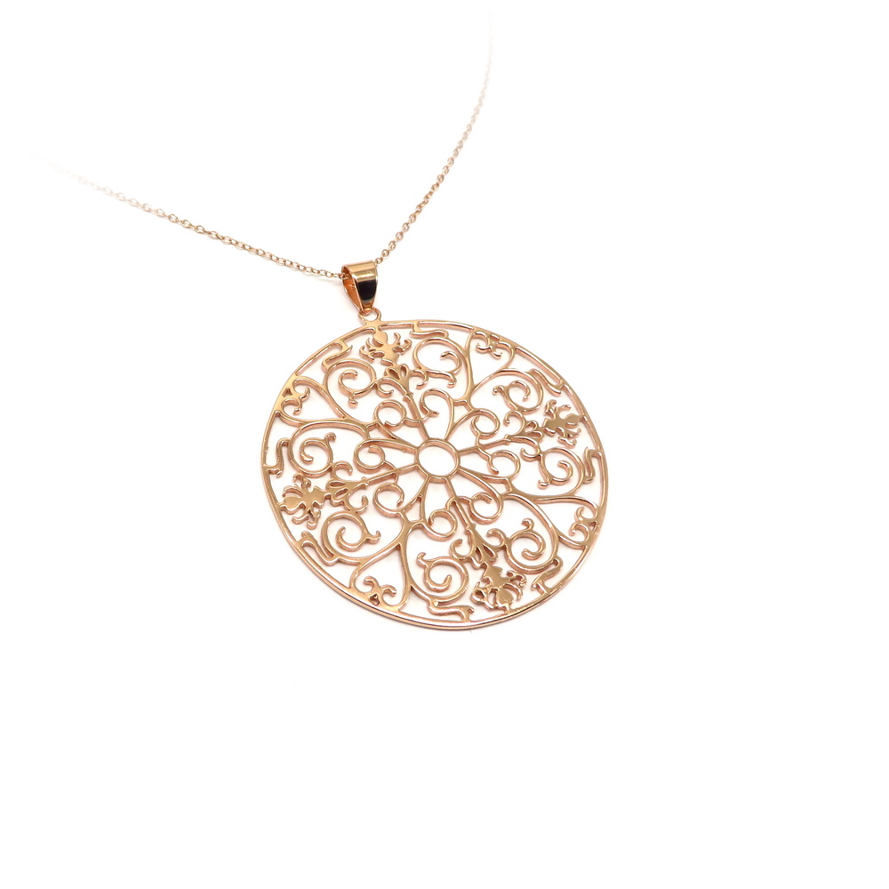Rose Gold Plated Round Filigreed Flower Silver Pendant