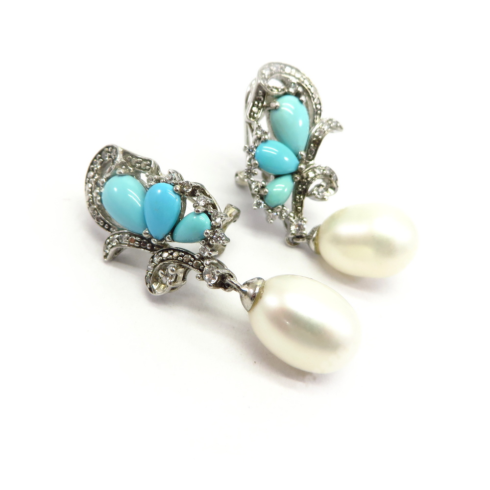 Freshwater Pearl and Natural Turquoise Earrings