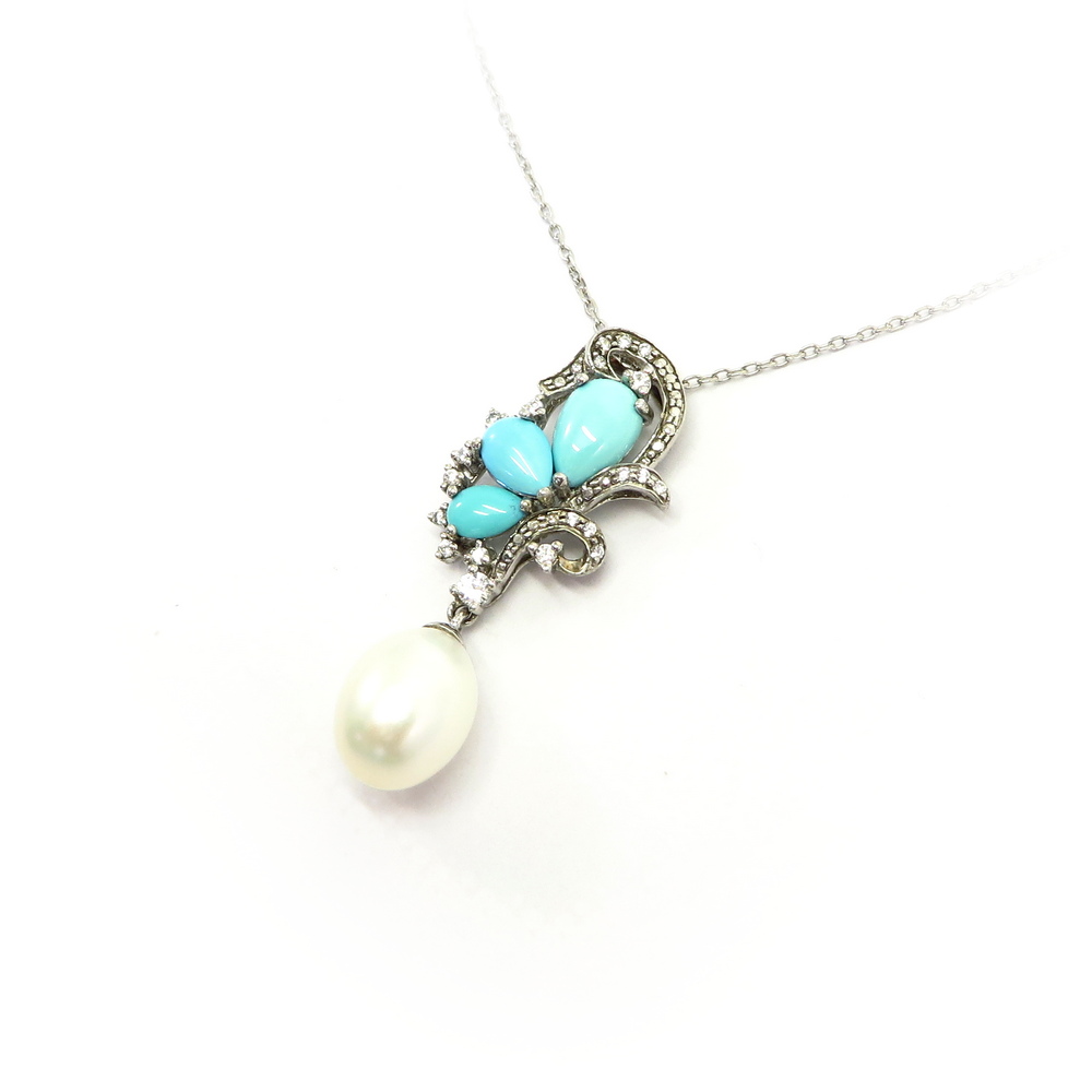 Freshwater Pearl and Turquoise Pendant set in Sterling Silver