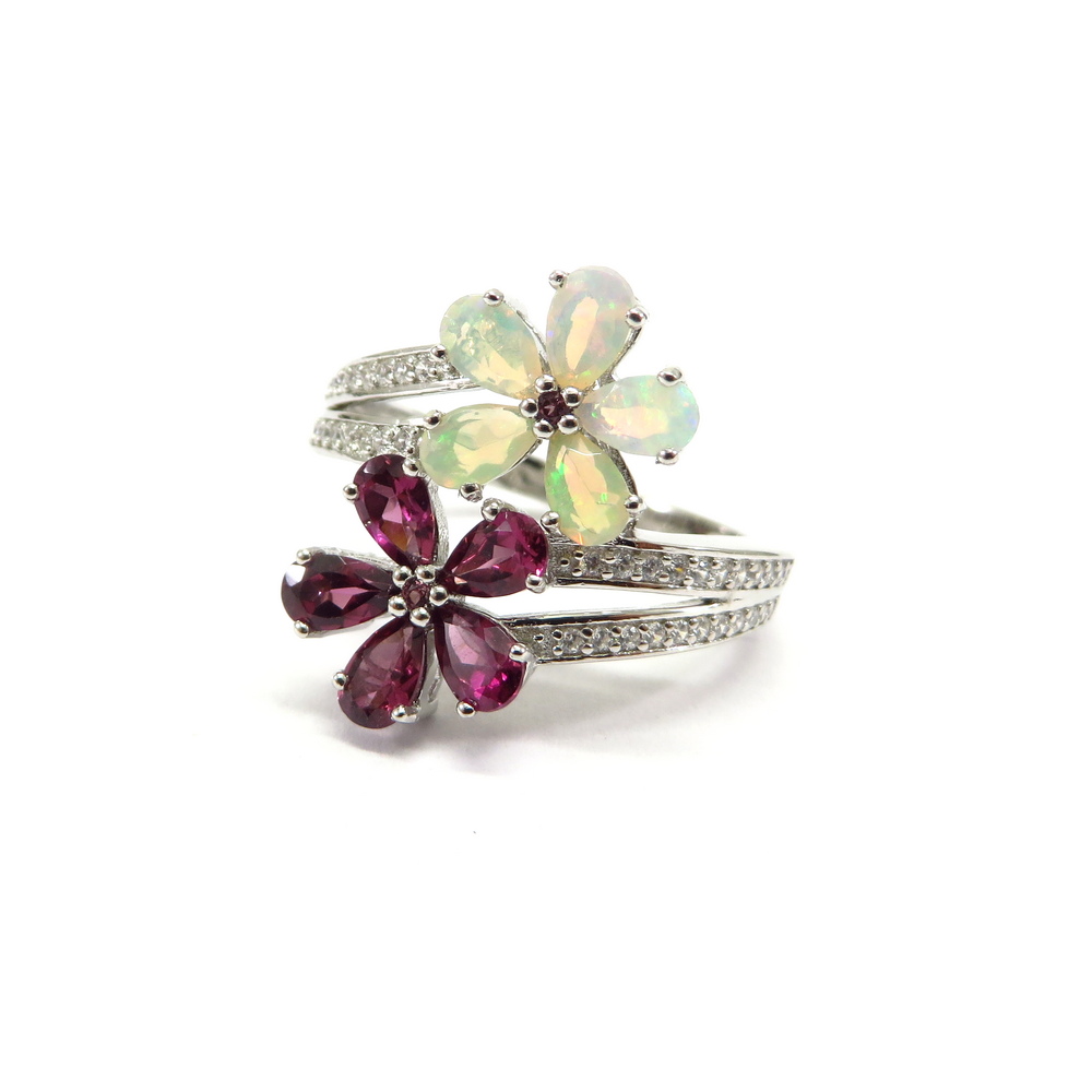 Double Flower Opal and Rhodolite Silver Ring